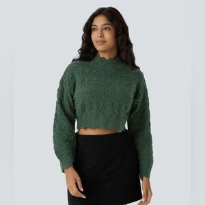 HALARA Green Mock Neck Bishop Sleeve Scallop Hem Open Knit Casual Sweater XS NEW
